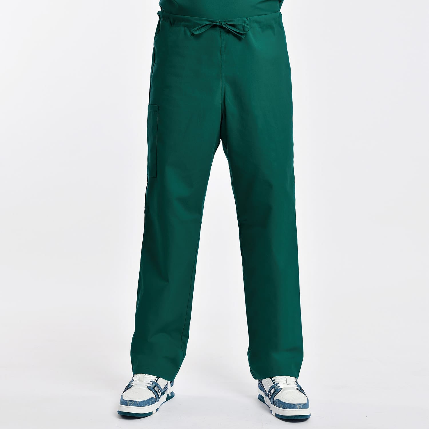 Unisex green scrub pants with adjustable drawstring waist, side pocket, and durable design for medical and healthcare settings.