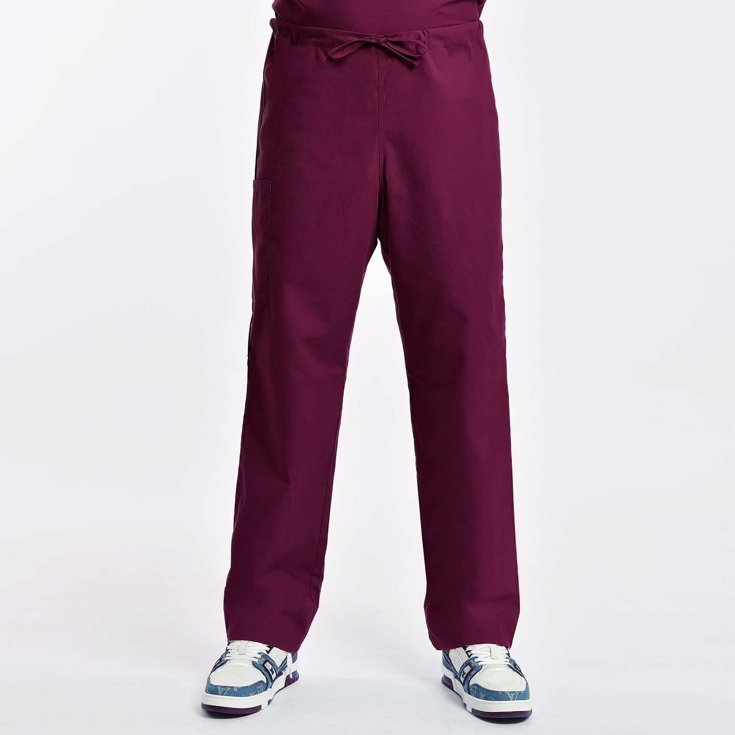 Unisex burgundy scrub pants with adjustable waist and side cargo pocket, made for comfort and durability in healthcare settings.