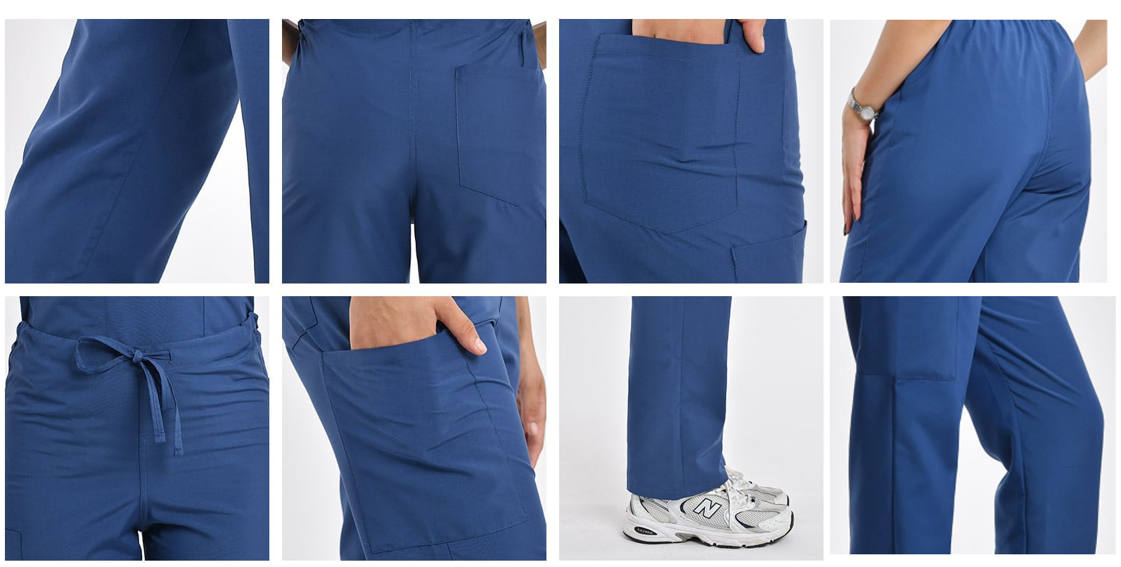 Detailed view of blue scrub pants, highlighting functional pockets and high-quality fabric for healthcare professionals.