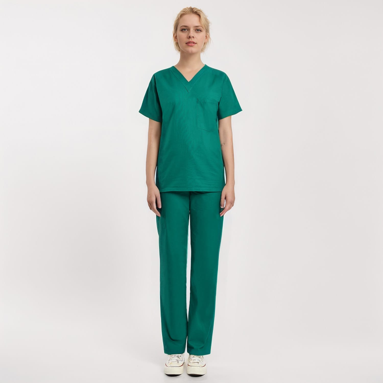 Front view of a model wearing a green Scrub Unisex 1-Pocket V-Neck Scrub Top, perfect for healthcare workers.