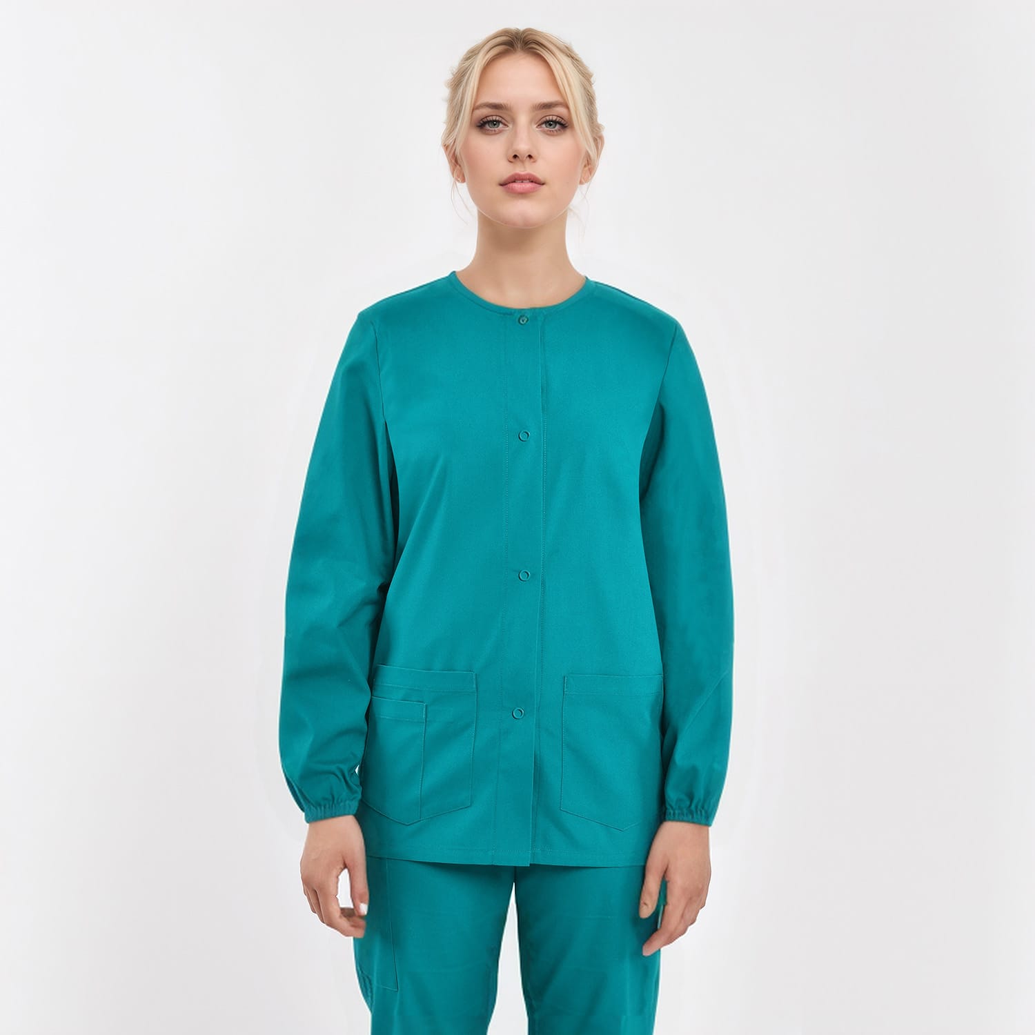 Teal medical scrub jacket for women, V-neck with button closure, available for custom orders and wholesale.