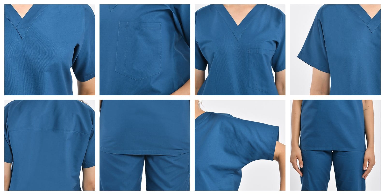 Various angles of a blue unisex V-neck scrub top, displaying the front pocket, back view, and fit details for healthcare professionals.