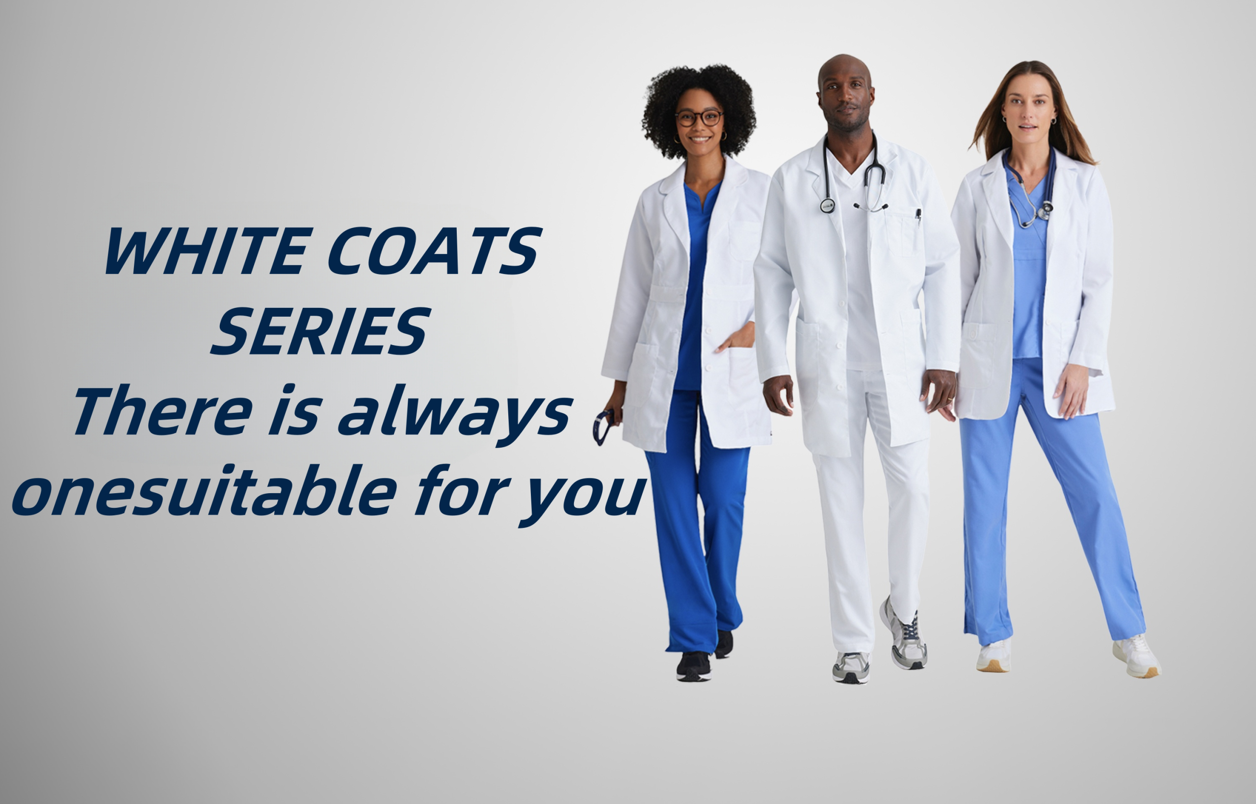 Image showcasing healthcare professionals wearing white coats from the White Coats Series, available in various colors and customizable for different fits.