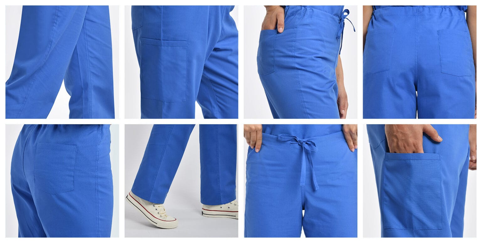 Medical scrub pants with adjustable waist, side cargo pocket, and back view, designed for healthcare workers.