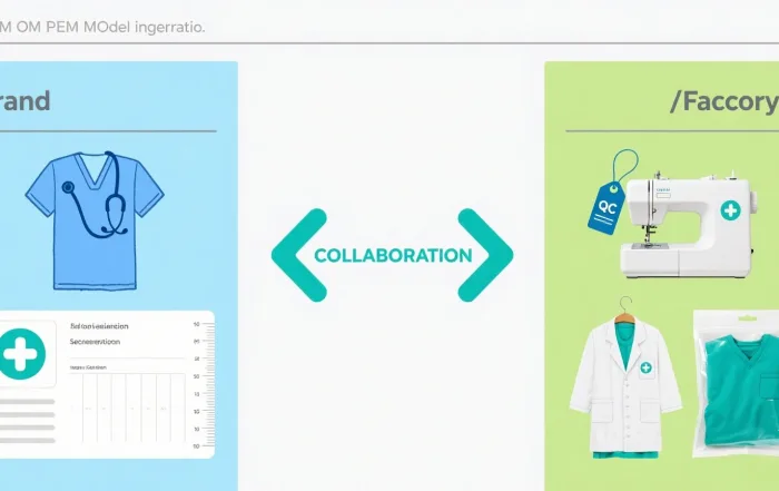Medical uniform brand and factory collaboration infographic