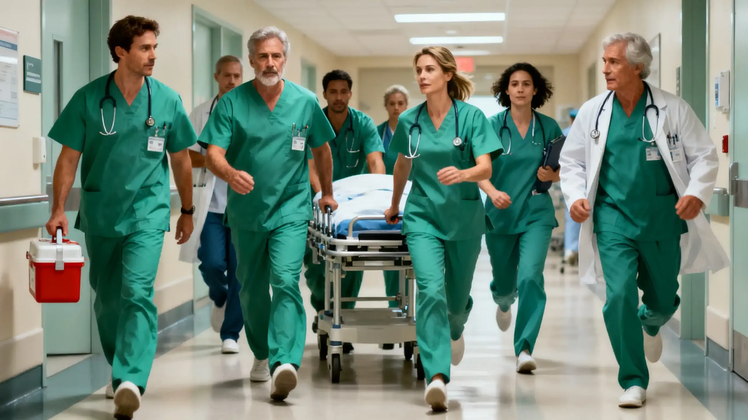 Hospital staff wear coordinated green surgical gowns