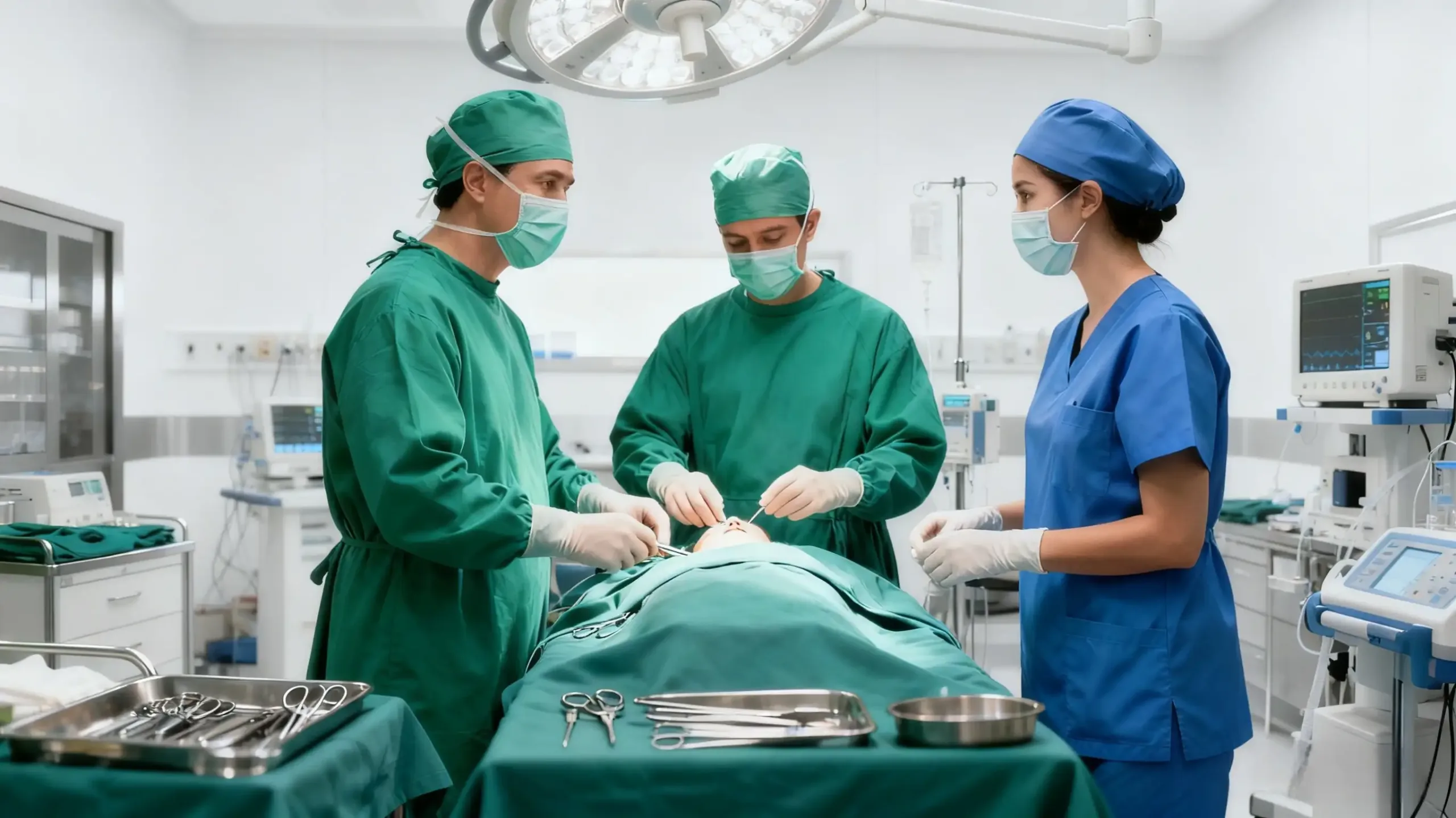 Surgeons Wearing Green Scrubs in the Operating Room Surgeons in green scrubs in an operating room