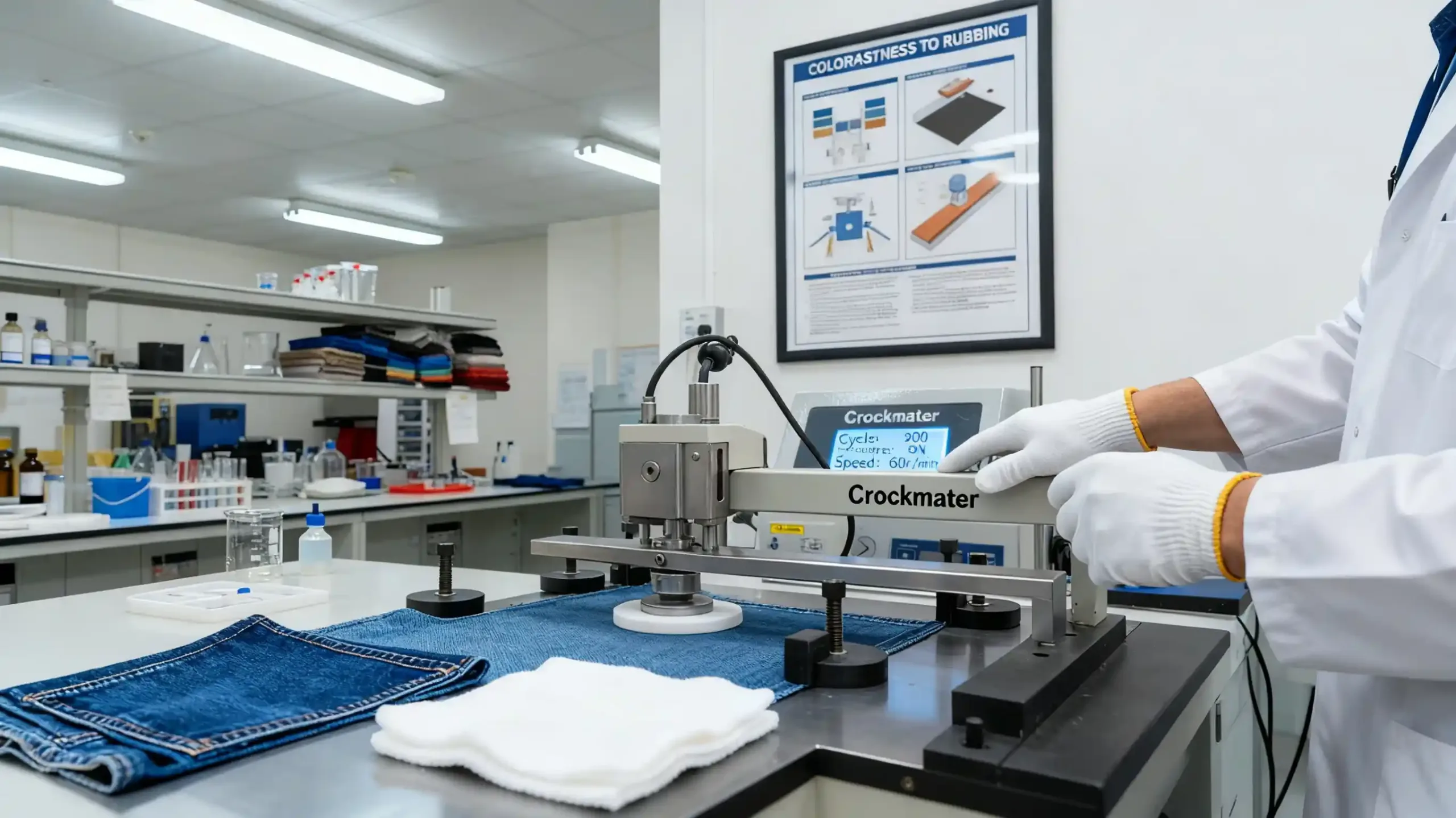 colorfastness-to-rubbing-test-lab Colorfastness to rubbing test using a crockmeter in textile lab