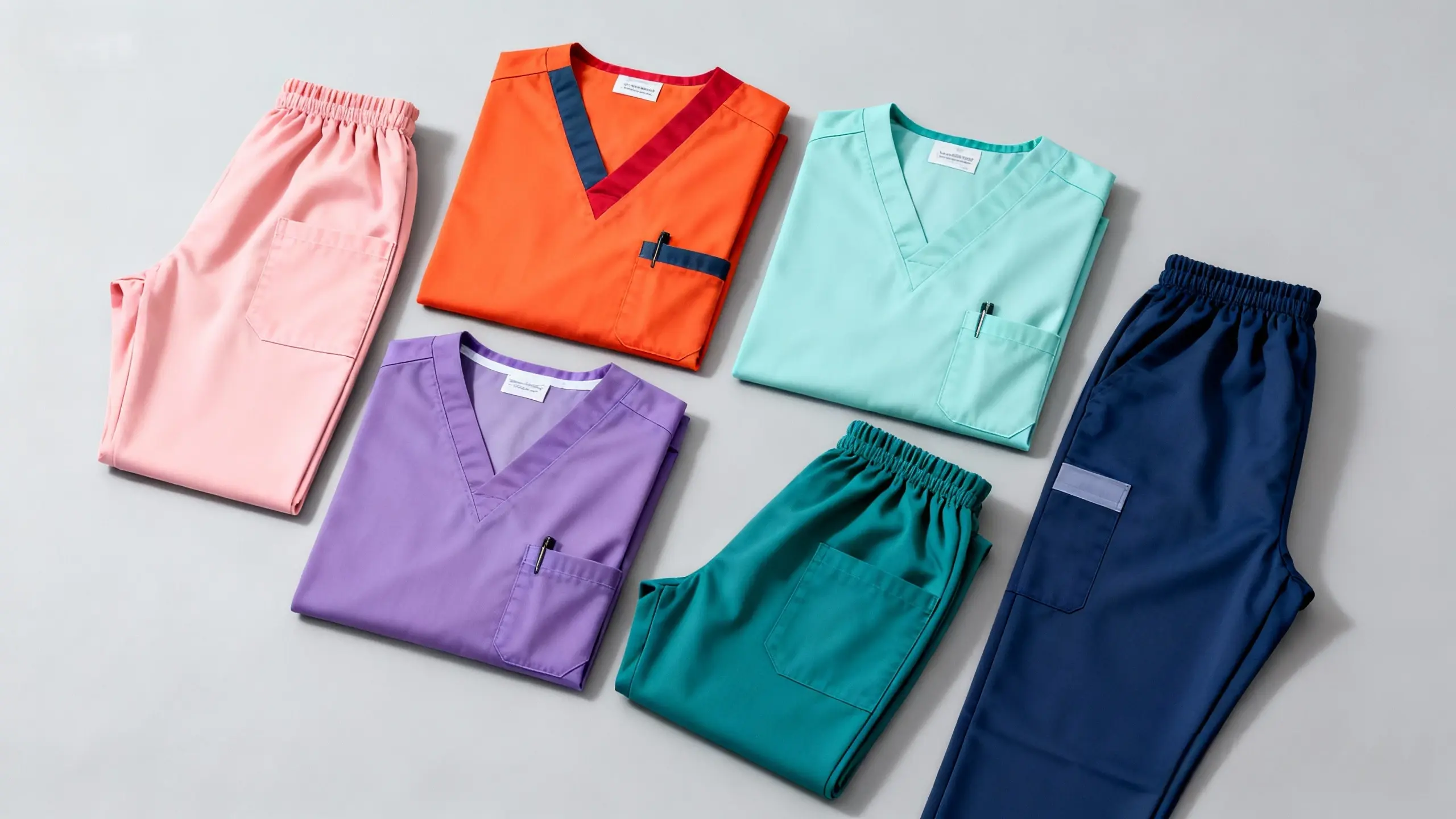Various colors of custom medical scrubs for hospitals and clinics