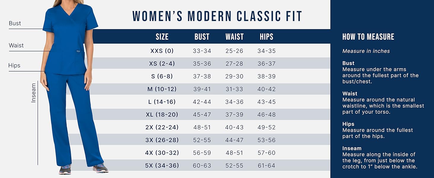 Scrubs size chart for unisex and women’s sizing from XS to 5XL