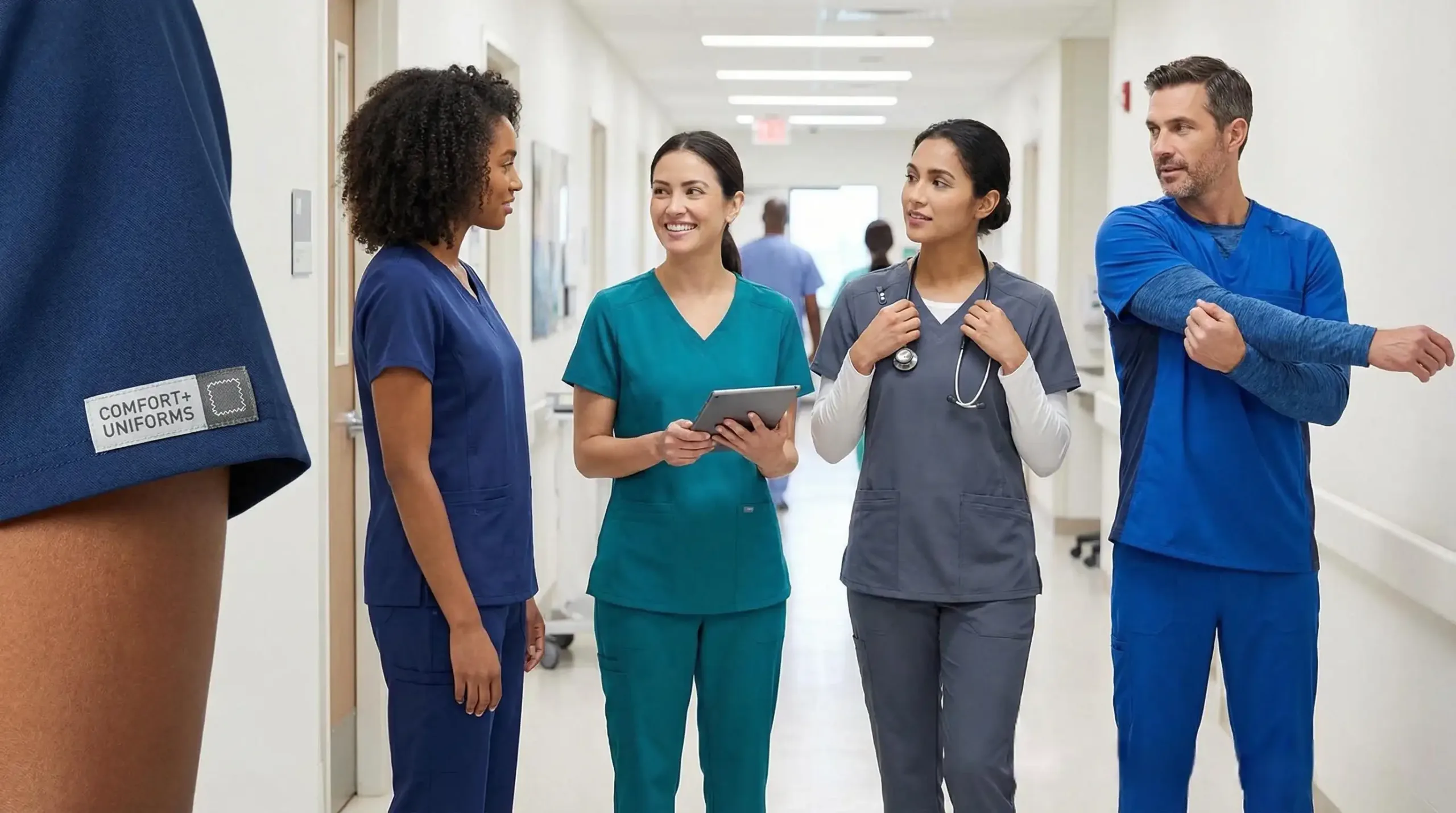 Healthcare professionals in high-quality, comfortable scrubs