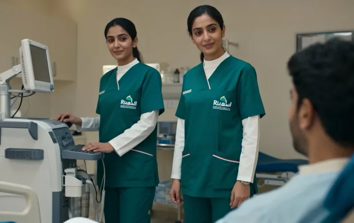 Riyadh clinic nurses wearing custom logo medical scrubs