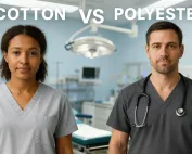 Nurse wearing cotton vs polyester scrubs side by side in hospital setting
