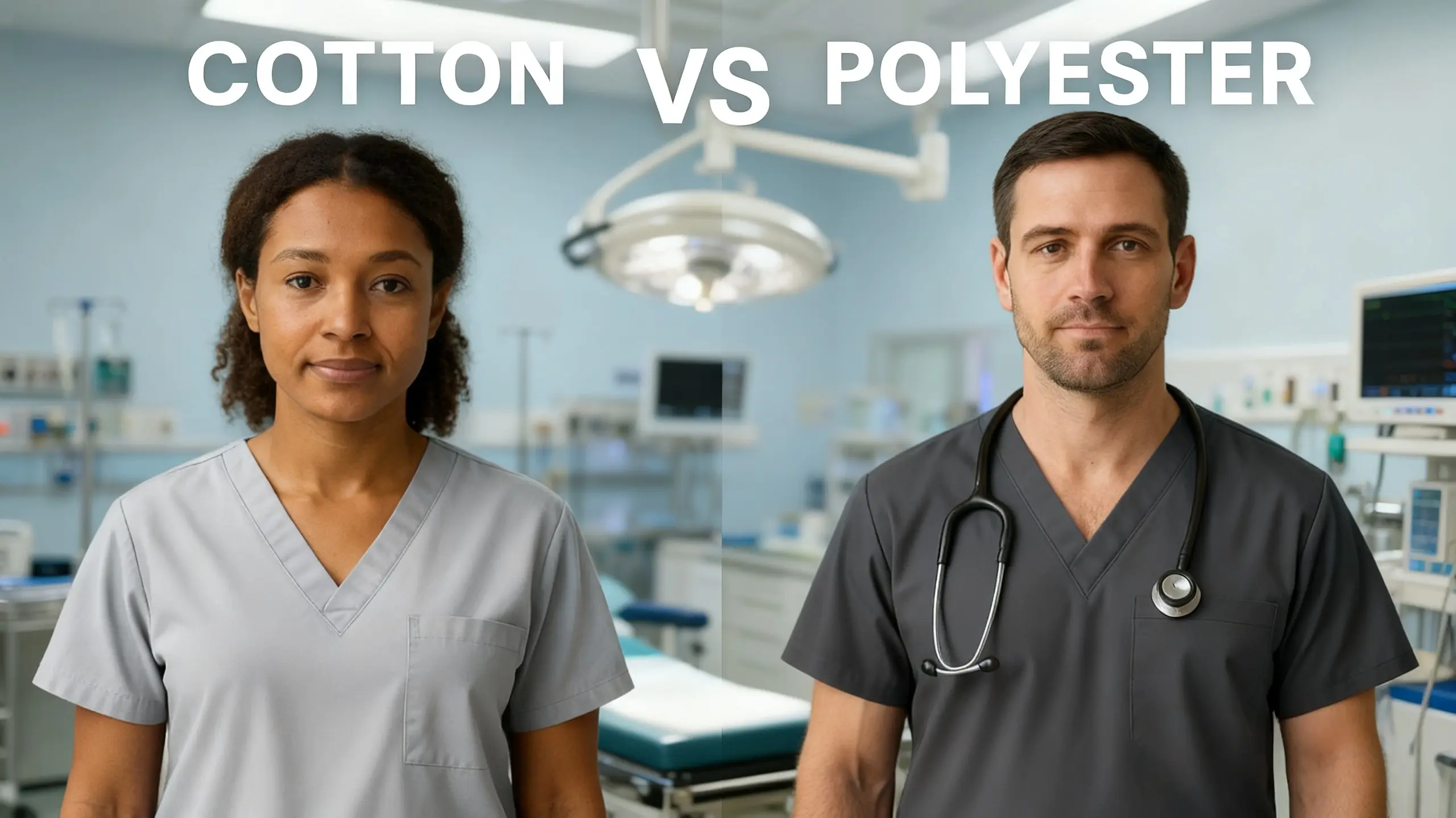 Nurse wearing cotton vs polyester scrubs side by side in hospital setting