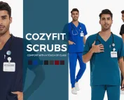 Doctors and nurses wearing custom medical scrubs in various colors like navy, green, and ceil blue