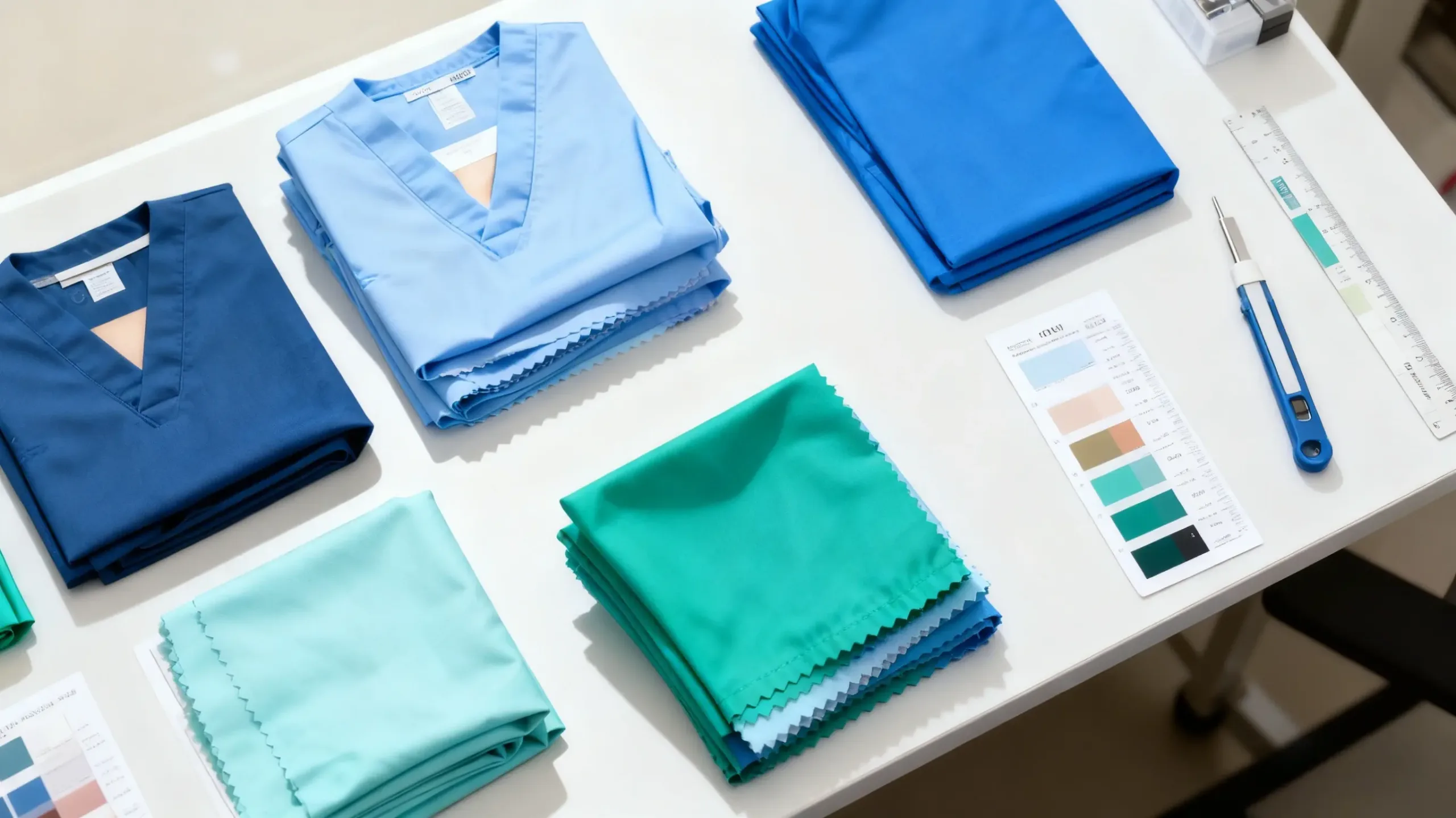 Fabric swatches and material samples reviewed for hospital scrubs.