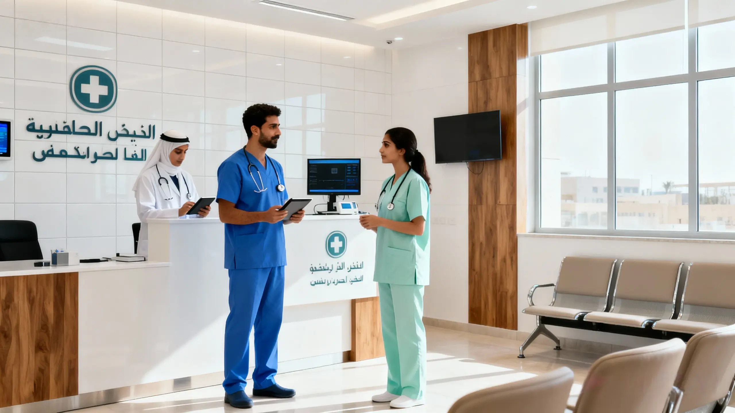 Doctors and nurses wearing professional medical scrubs in a modern Middle East clinic