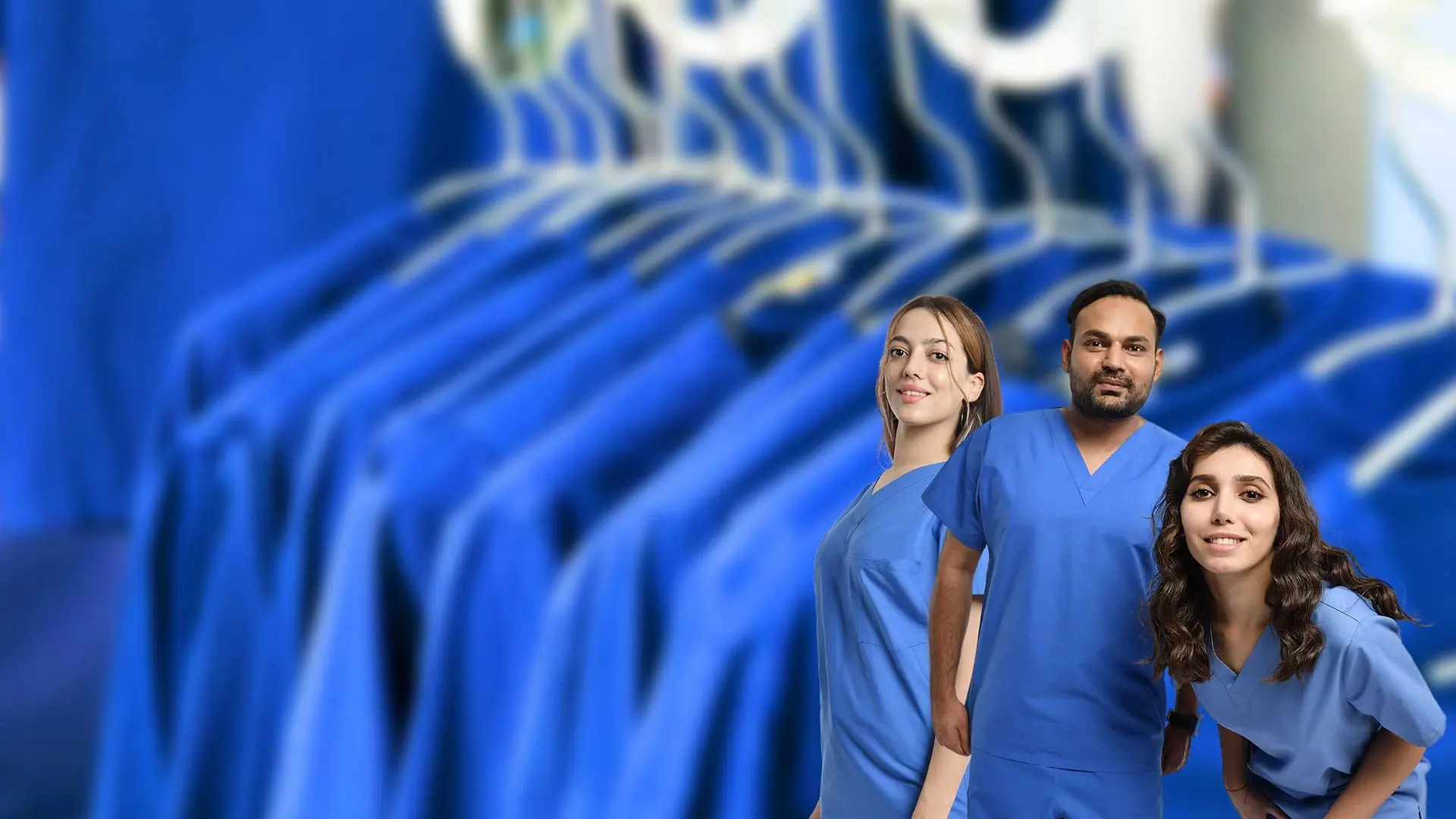 Team in custom blue medical scrubs