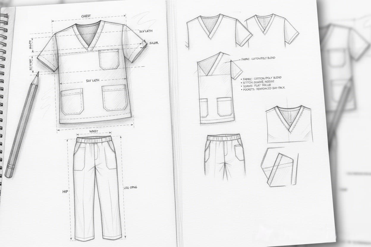 scrub-design-sketch-drawing Sketch of a scrub top with pockets and seams.