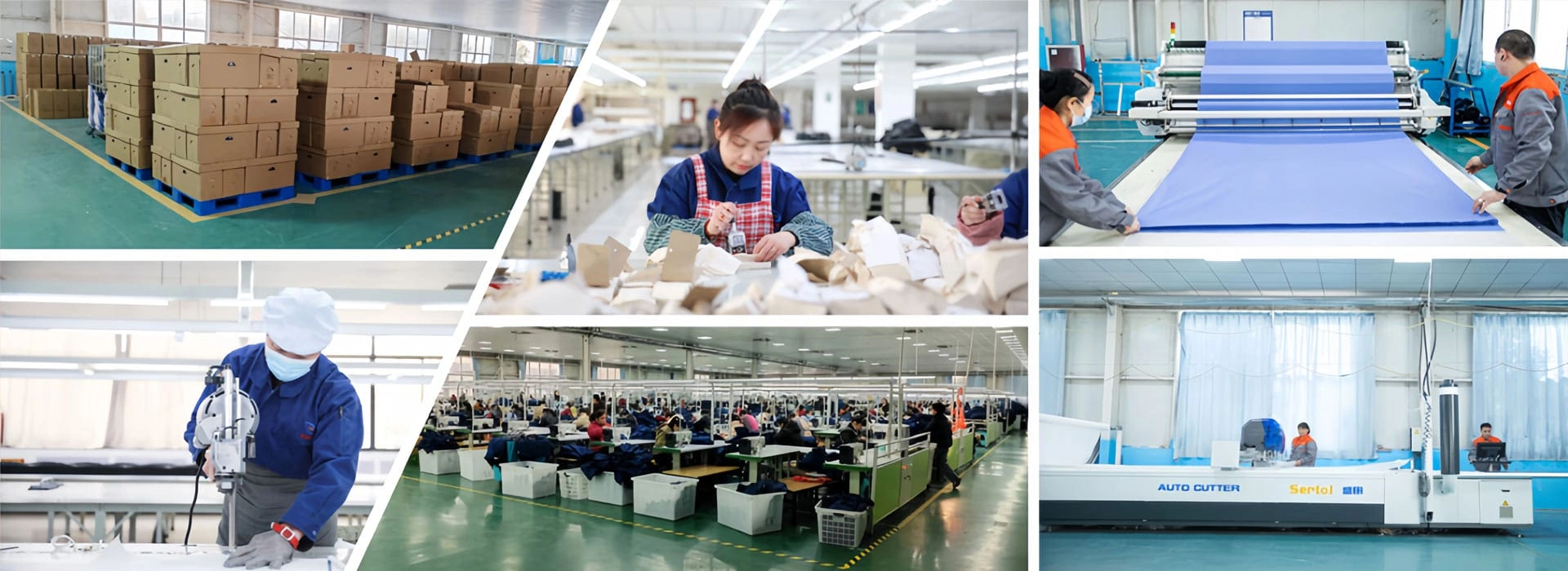 scrub-factory-sewing-production-line Workers sewing scrubs on a factory production line.