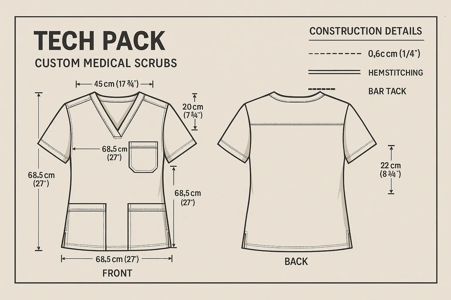 scrub-tech-pack-measurements Tech pack with scrub measurements and stitching lines.