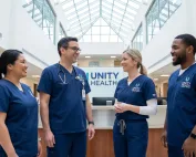 Hospital staff in custom medical scrubs representing professionalism and hospital branding.