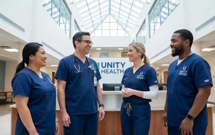 Hospital staff in custom medical scrubs representing professionalism and hospital branding.